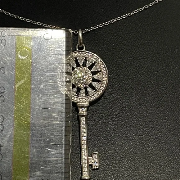 NWT Solid Silver 925 Key Pendant Moissanite and CZ Necklace 17” - Picture 9 of 10